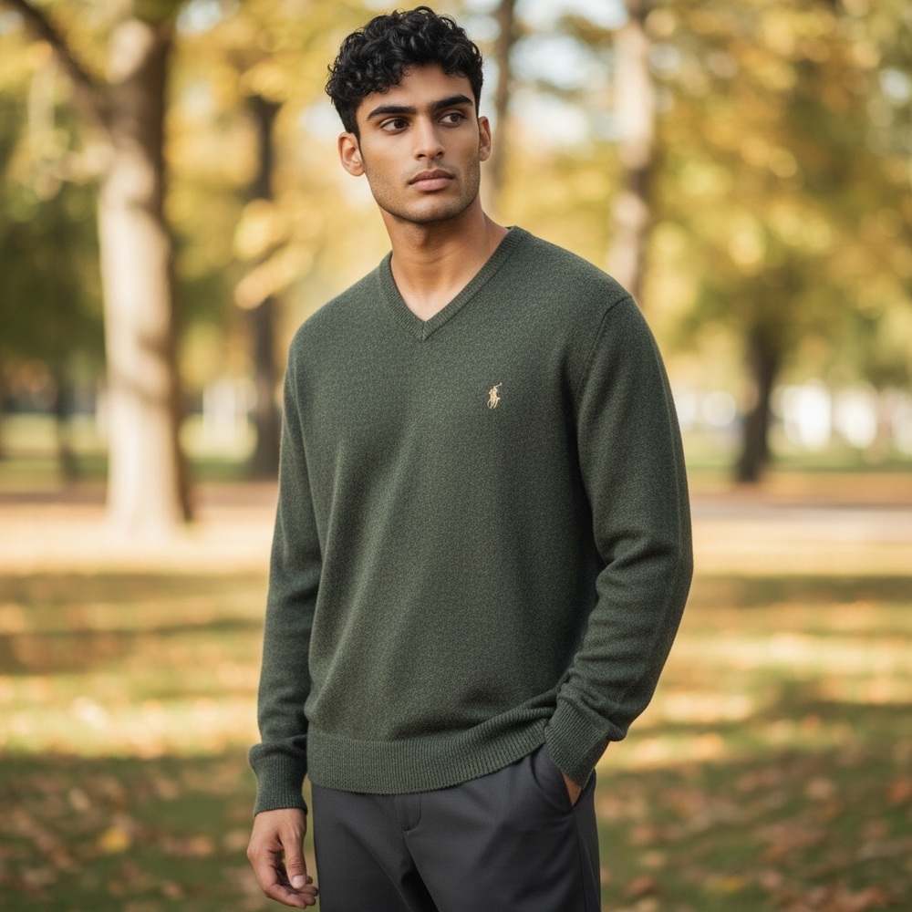 Polo Ralph Lauren Men's V-Neck Lambswool Sweater Marled Hues Green Brown Size L